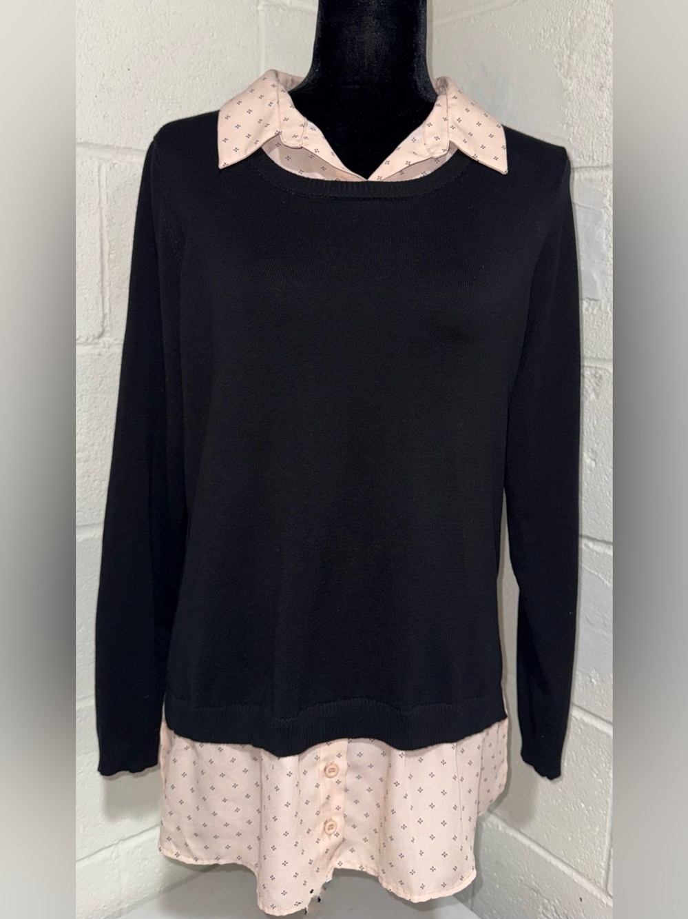 Adrianna Papell Black Blush Layered Twofer Sweater Blouse - Size Large